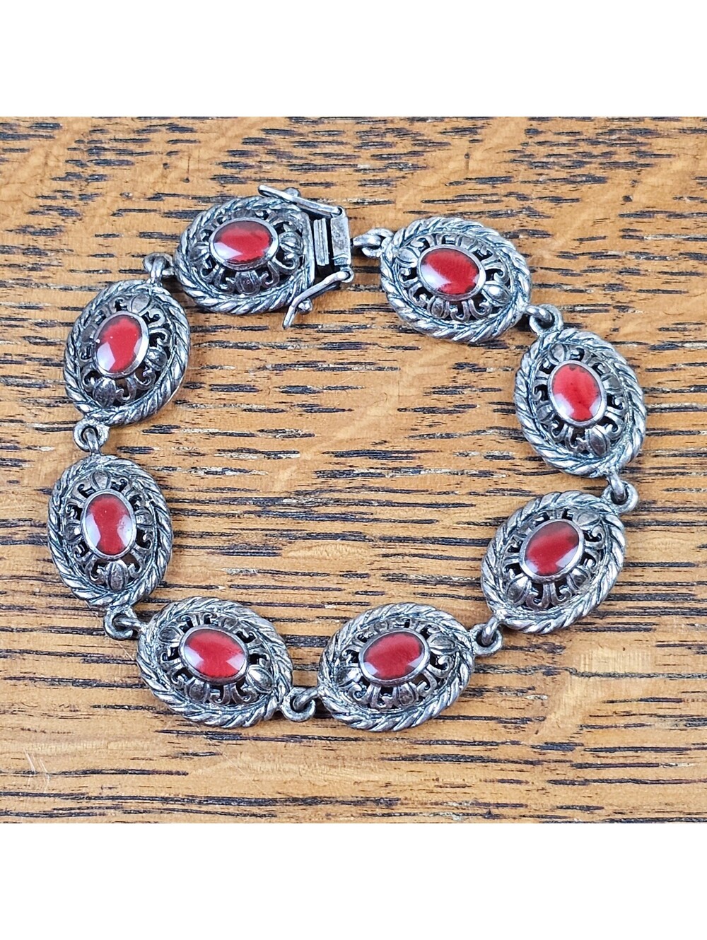 Vintage 925 Sterling Silver Red Coral Cabochon Link Bracelet 7" 25.45g